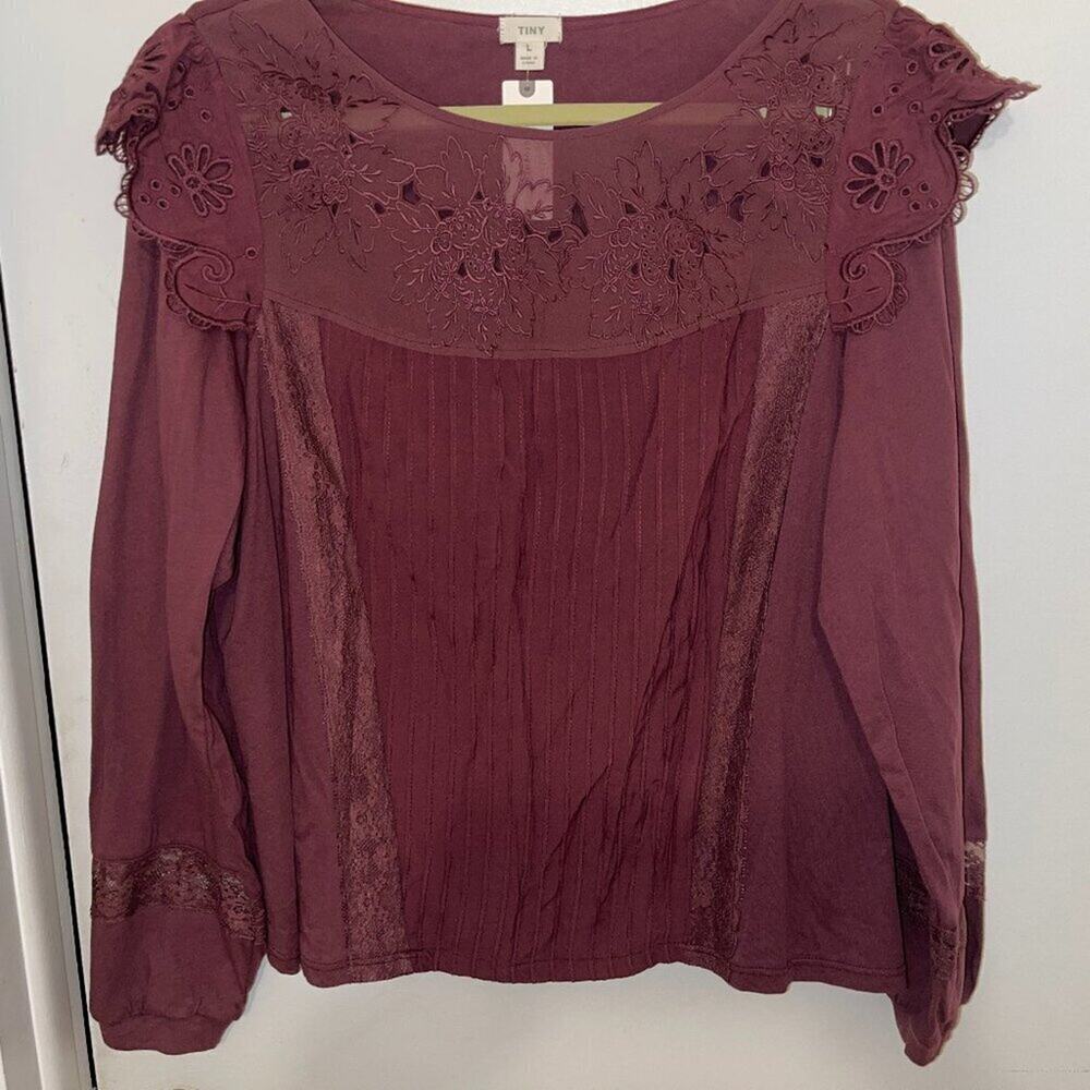 Anthropologie Tiny Crescent Lace Ruffle Blouse Burgundy L NWT